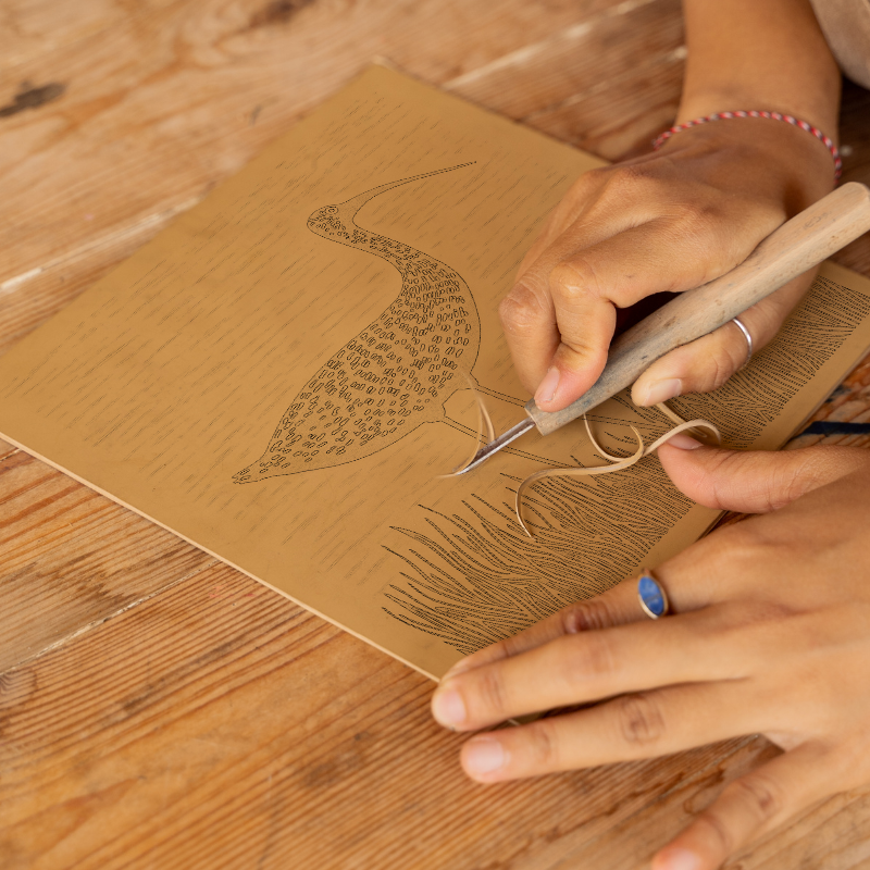 Curlew calling in the shallows Linoprint-Style Art (2078-1)