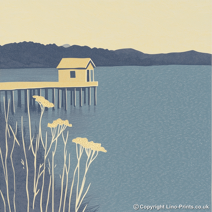 Boathouse silhouette on lake edge Linoprint-Style Art (2371-2)