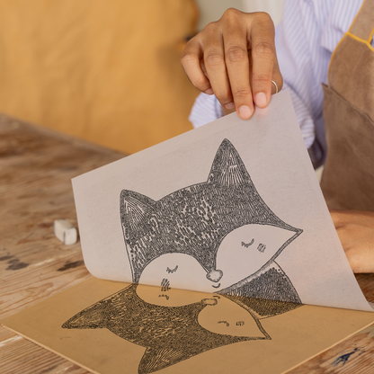 Cute Fox Cub Linoprint-Style Art (622-1)