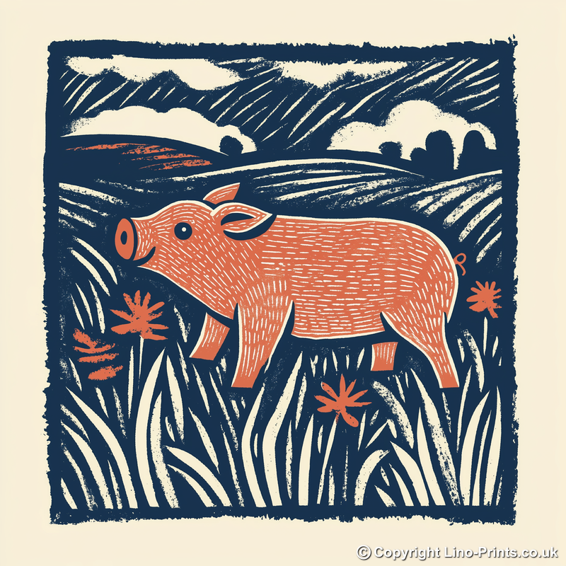 Cute Piglet Linoprint-Style Art (72-1)