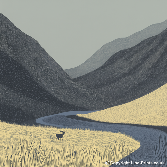 Martindale valley red deer view Linoprint-Style Art (2485-1)