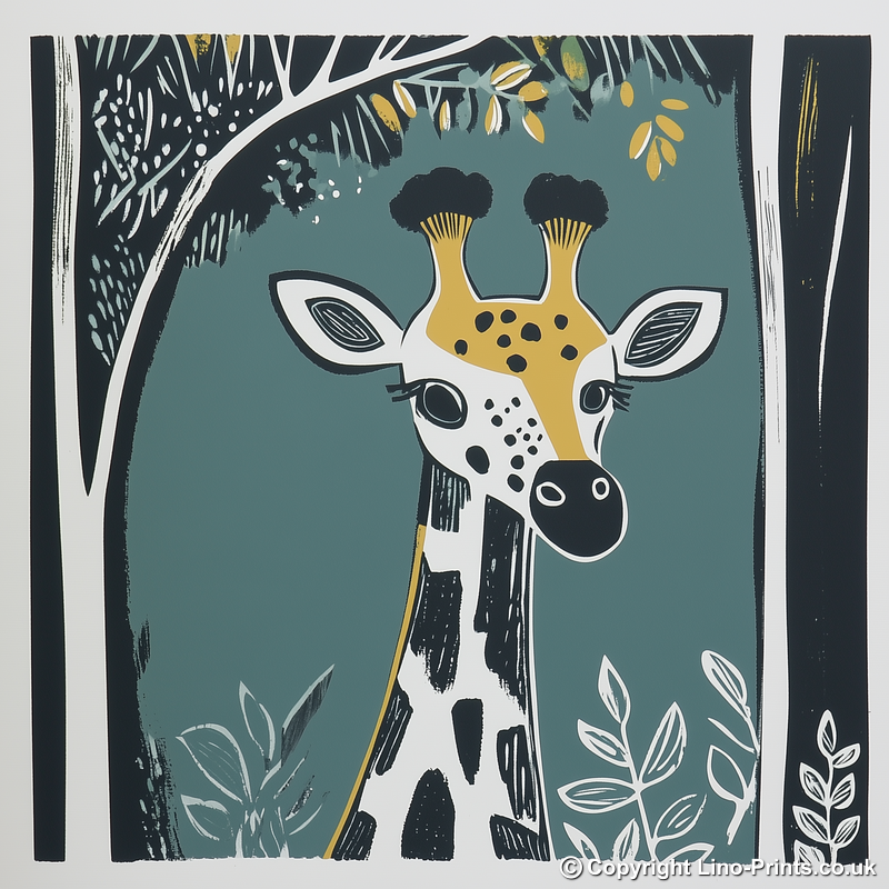 Cute Giraffe Calf Linoprint-Style Art (1205-1)