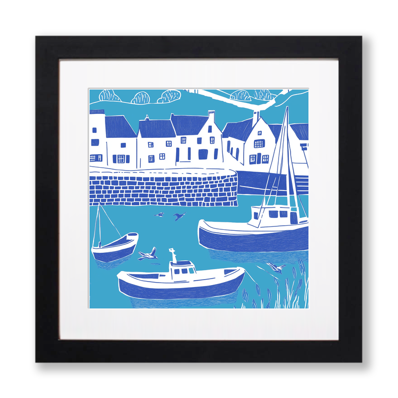 Brixham Harbour, Devon Linoprint-Style Art (1081-1)