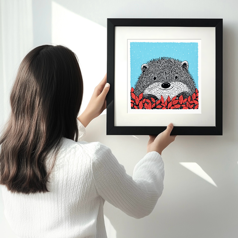 Hedgehog in autumn leaves Linoprint-Style Art (717-1)