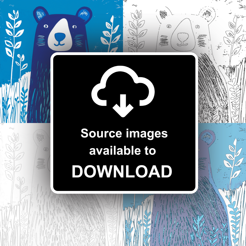 Cute Bear Cub Linoprint-Style Art (902-2)