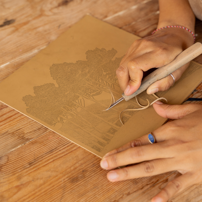 Pine trees silhouette on a lake island (e.g., Derwentwater) Linoprint-Style Art (2504-5)