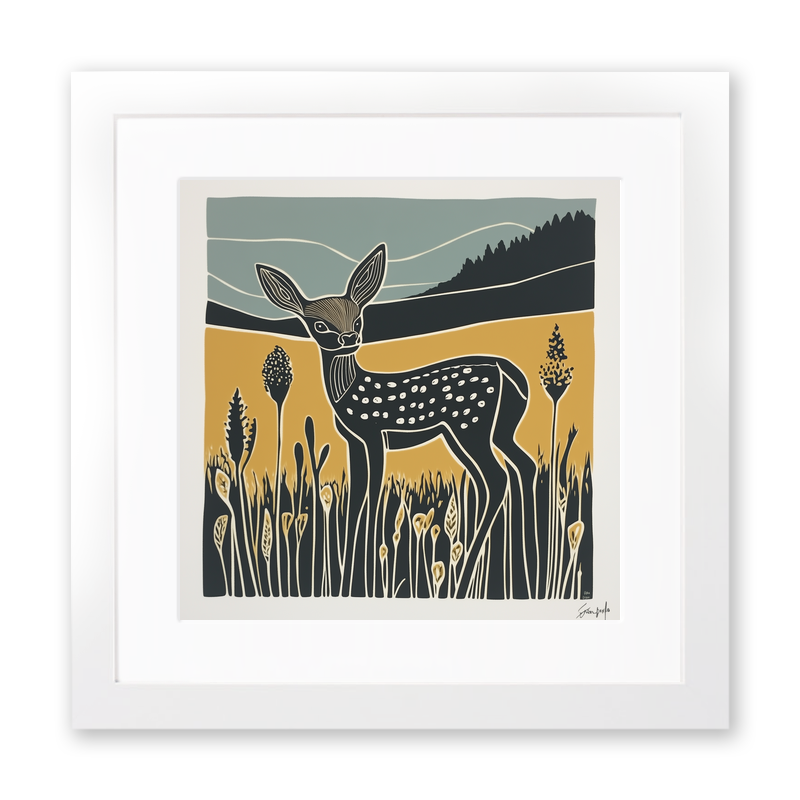 Cute Fawn (Baby Deer)   Linoprint-Style Art (1202-1)