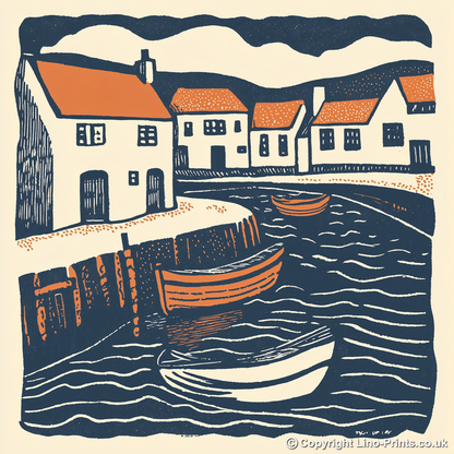 Broadland village with boat moorings Linoprint-Style Art (1964-1)