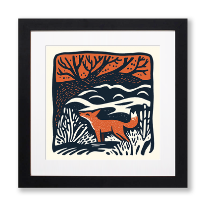 Fox in a woodland Linoprint-Style Art (91-1)