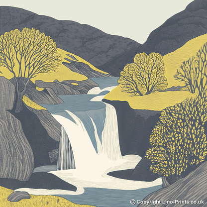 Stock Ghyll Force waterfall Linoprint-Style Art (2563-2)