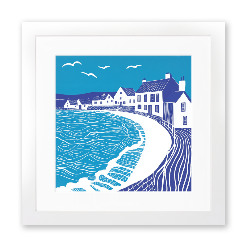 West Bay, Dorset Linoprint-Style Art (1115-1)