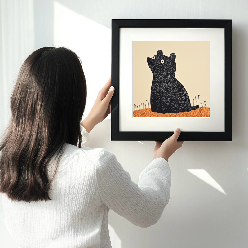 Cute Bear Cub Linoprint-Style Art (208-2)