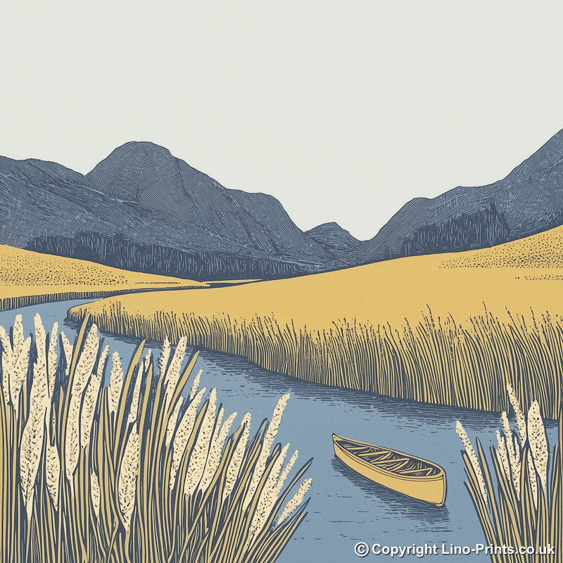 Canoe in reeds at Elterwater Linoprint-Style Art (2380-1)