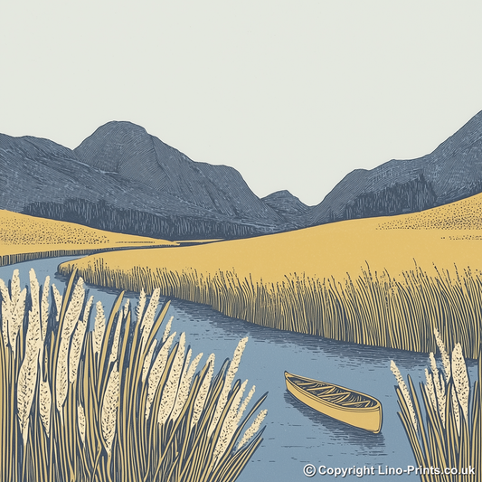 Canoe in reeds at Elterwater Linoprint-Style Art (2380-1)