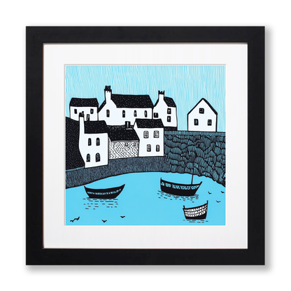 Tenby Harbour, Pembrokeshire Linoprint-Style Art (821-2)