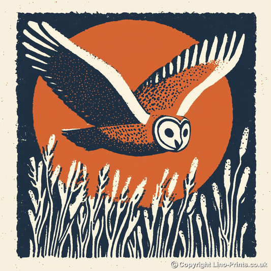 Barn owl in flight Linoprint-Style Art (84-1)