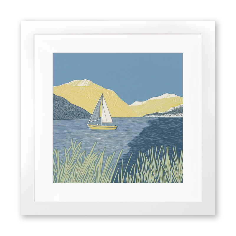 Sailboat with fells behind Linoprint-Style Art (2527-1)