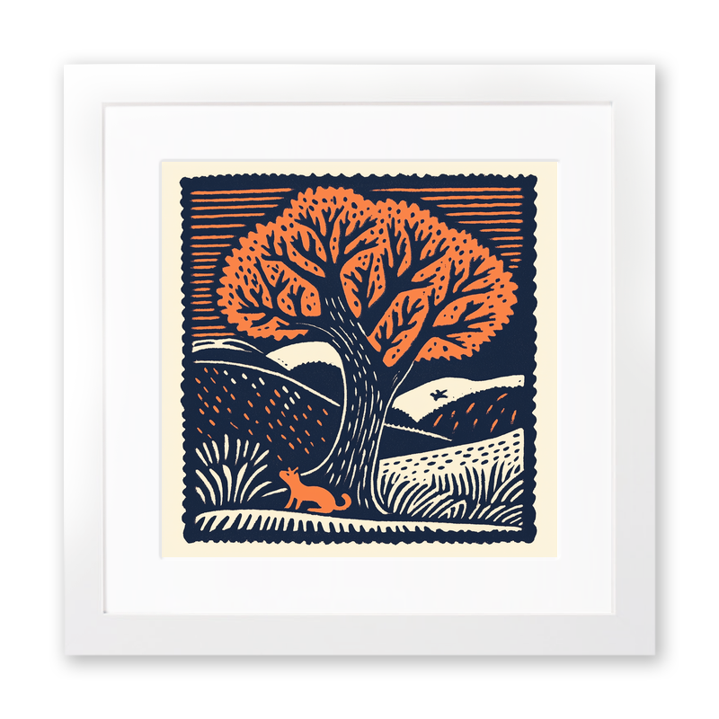 Oak tree with squirrel Linoprint-Style Art (102-1)
