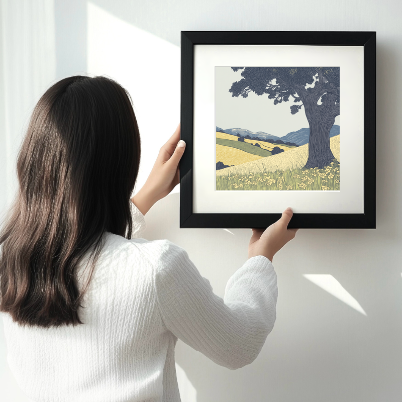 Ancient Oak tree in a valley Linoprint-Style Art (2356-2)