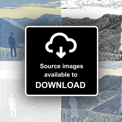 Hiker silhouette watching sunset over fells Linoprint-Style Art (2455-2)