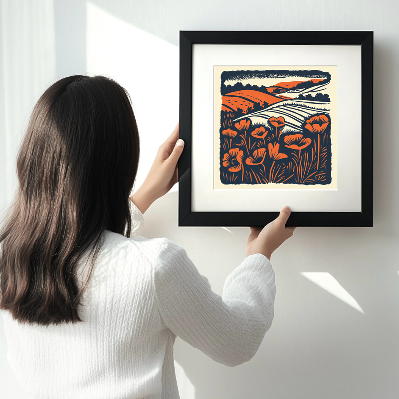 Field of poppies near Snettisham Linoprint-Style Art (1984-1)