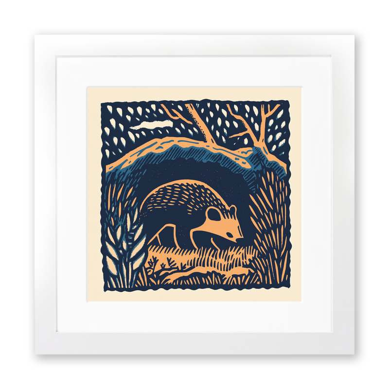 Badger emerging from sett Linoprint-Style Art (83-1)