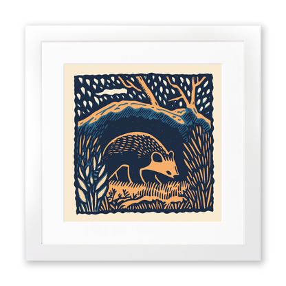 Badger emerging from sett Linoprint-Style Art (83-1)