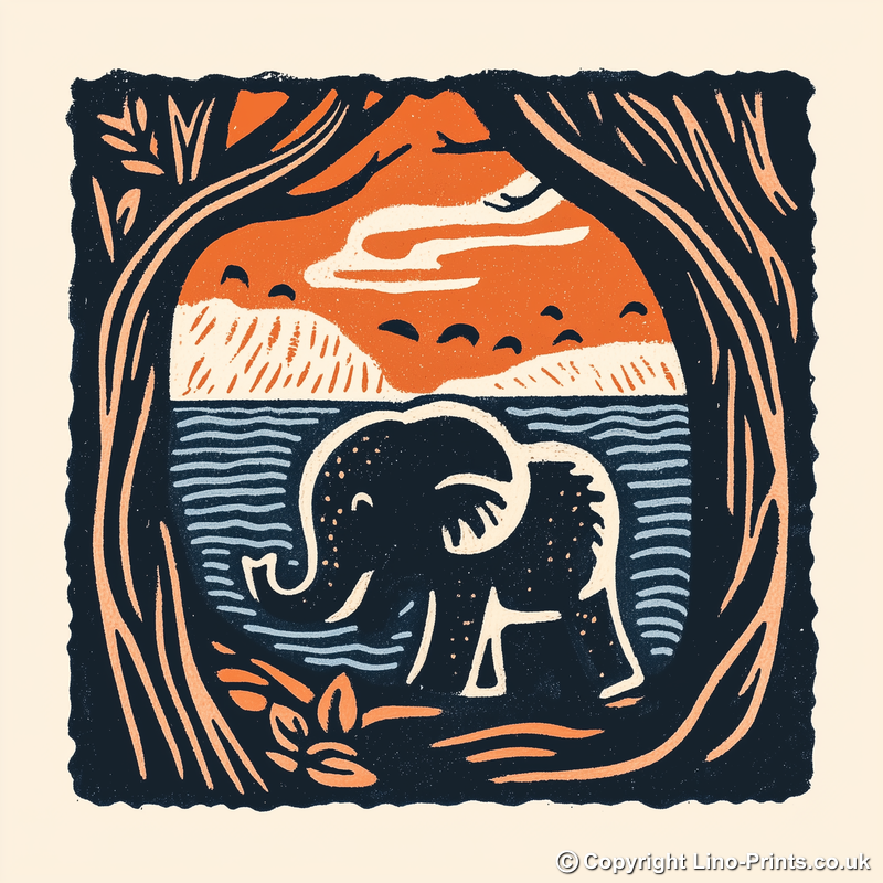 Cute Elephant Calf Linoprint-Style Art (54-1)