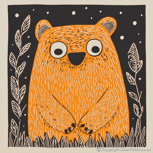 Cute Bear Cub Linoprint-Style Art (208-1)
