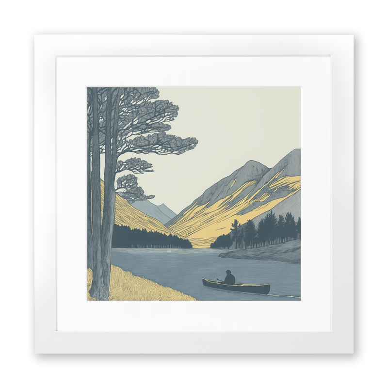 Kayaker near Buttermere pines Linoprint-Style Art (2467-1)