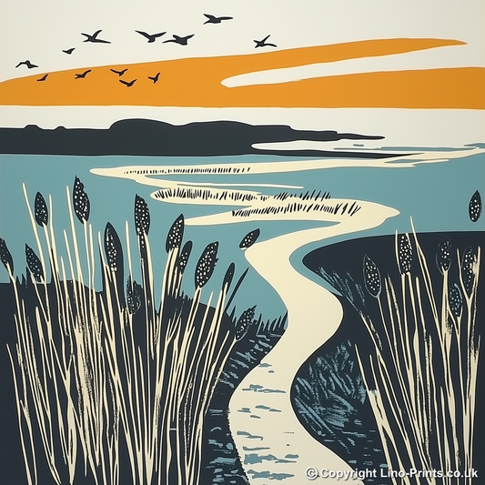 Blakeney marshes at sunset Linoprint-Style Art (1860-1)