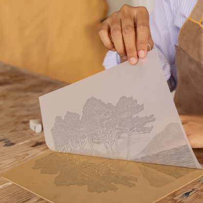 Pine trees silhouette on a lake island (e.g., Derwentwater) Linoprint-Style Art (2504-5)