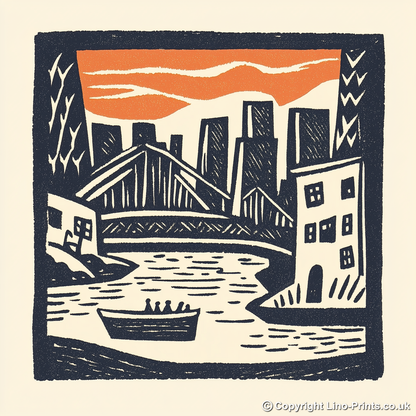 New York Brooklyn Bridge Linoprint-Style Art (22-2)