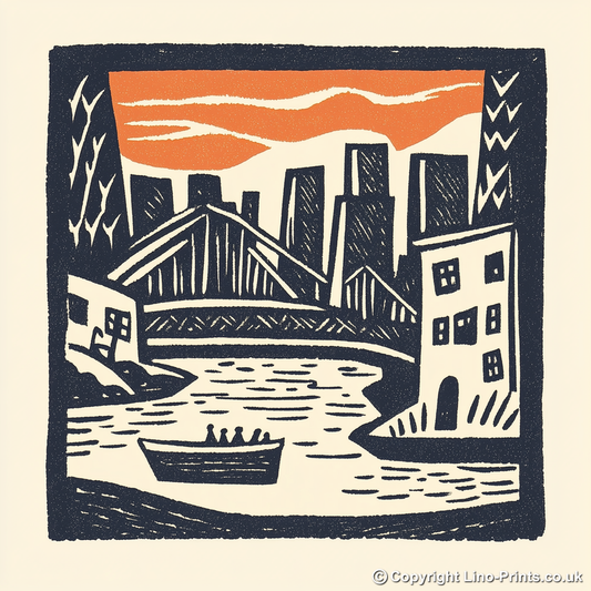 New York Brooklyn Bridge Linoprint-Style Art (22-2)