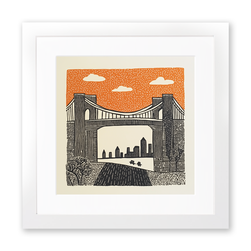 New York Brooklyn Bridge Linoprint-Style Art (184-1)