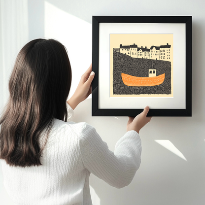 Mevagissey Harbour Linoprint-Style Art (513-1)