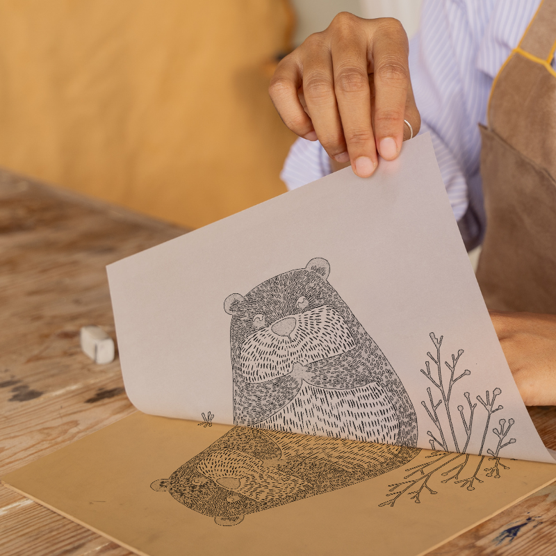 Cute Baby Beaver Linoprint-Style Art (609-1)