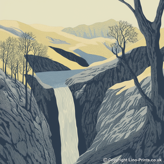 Aira Force waterfall in the Lake District Linoprint-Style Art (2355-2)