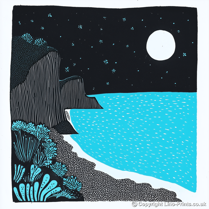 Beer Beach, Devon Linoprint-Style Art (787-1)
