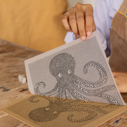 Octopus with swirling tentacles Linoprint-Style Art (726-1)