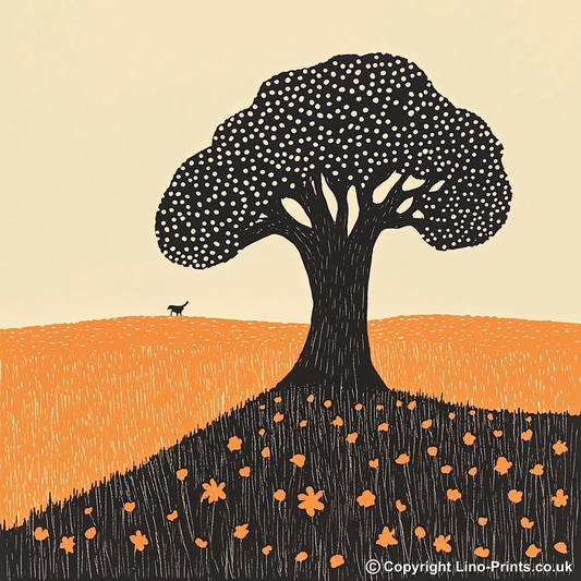 Ancient oak in a Norfolk field Linoprint-Style Art (2055-1)