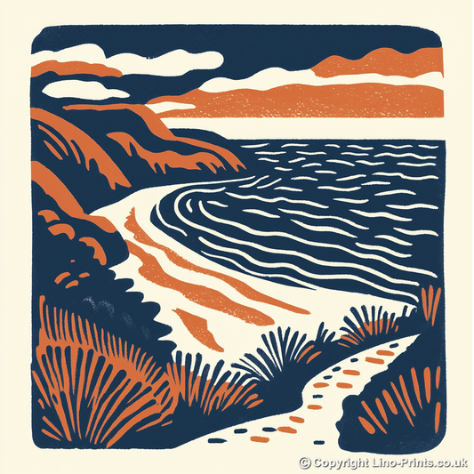Rhossili Bay, Gower Peninsula Linoprint-Style Art (149-1)