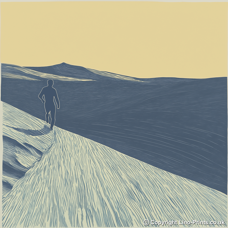 Fell runner silhouette descending slope Linoprint-Style Art (2426-1)