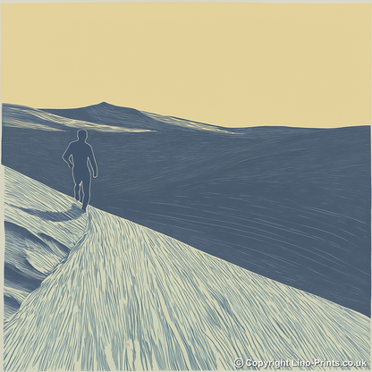 Fell runner silhouette descending slope Linoprint-Style Art (2426-1)