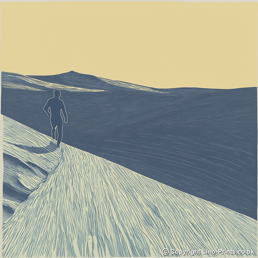 Fell runner silhouette descending slope Linoprint-Style Art (2426-1)