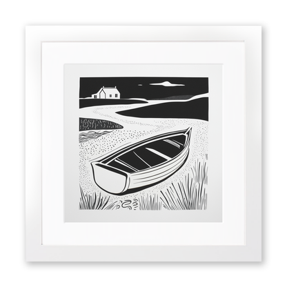 Beached dinghy in the mud Linoprint-Style Art (1859-1)