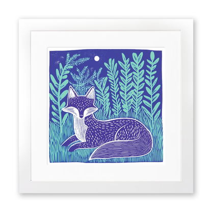 Ferns with resting fox Linoprint-Style Art (1004-1)