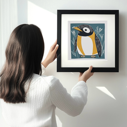 Cute Penguin Chick Linoprint-Style Art (1218-1)