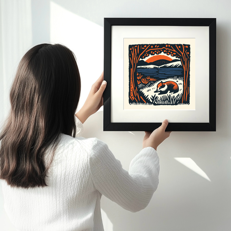 Cute Baby Badger Linoprint-Style Art (43-4)