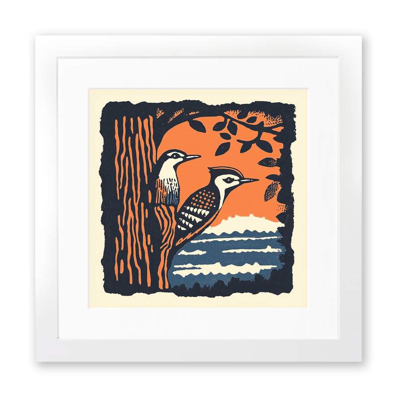 Woodpecker on tree trunk Linoprint-Style Art (118-1)